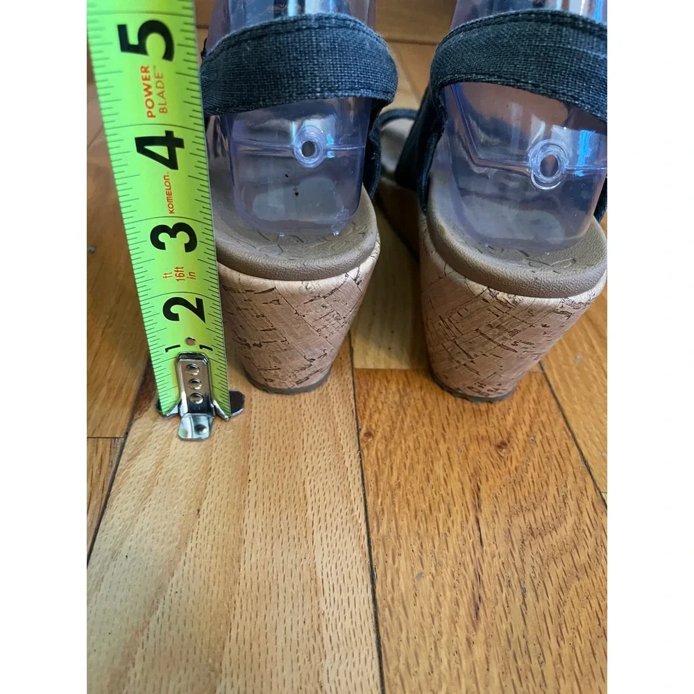 Skechers Beverlee‎ Luxe Foam Wedge Sandals Denim Black Sz 10 Cork Look Heel